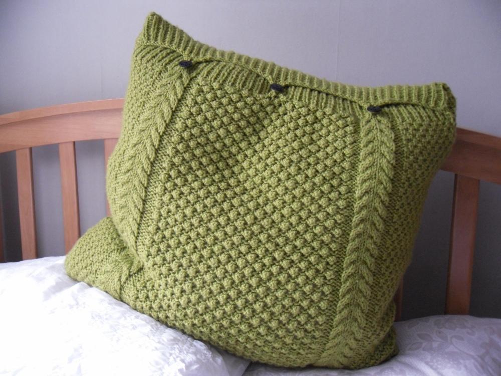 Large Lime Green Pillow / Cushion Cover Hand Knitted Cable Bobbles 3 Button Fastening
