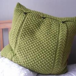 Large Lime Green Pillow / Cushion Cover hand knitted cable bobbles 3 button fastening